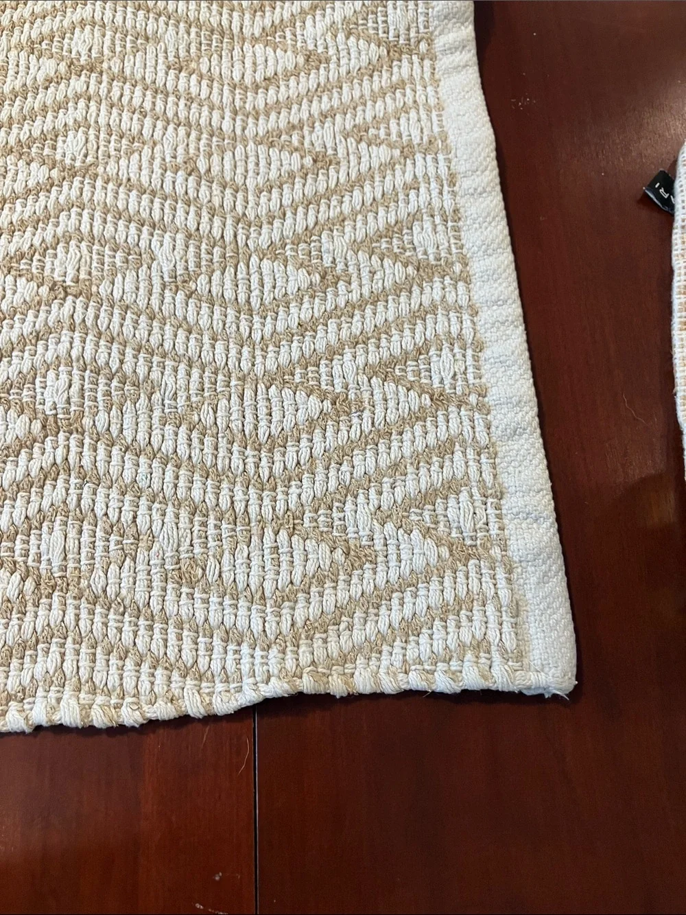 Cream and Beige Geometric Pattern Cotton Throw Rug machine washable